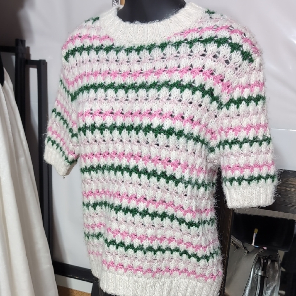 Zara Pink and Green Striped Women's Sweater
